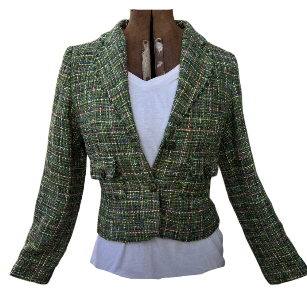 Express Design Studio tweed green pink 2 button cropped blazer jacket size 4